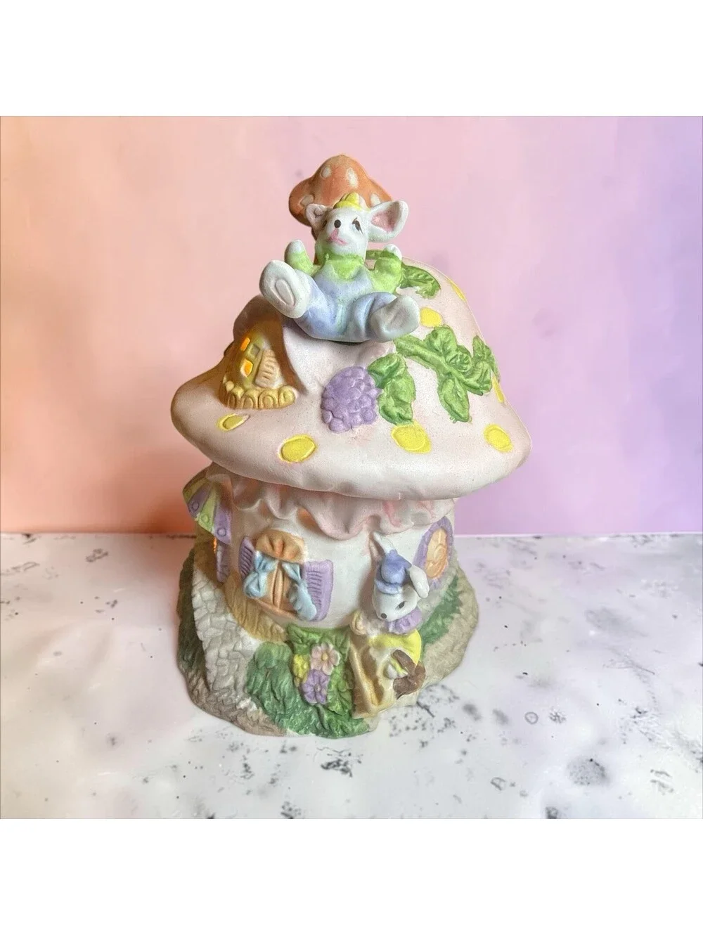 Ceramic Mushroom House Bunny Night Light Pastel Whimsical Fairy Lamp Easter 6.5